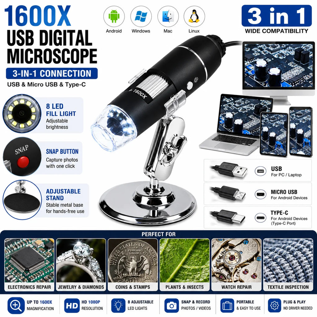 1600X USB 3-In-1 Digital Microscope