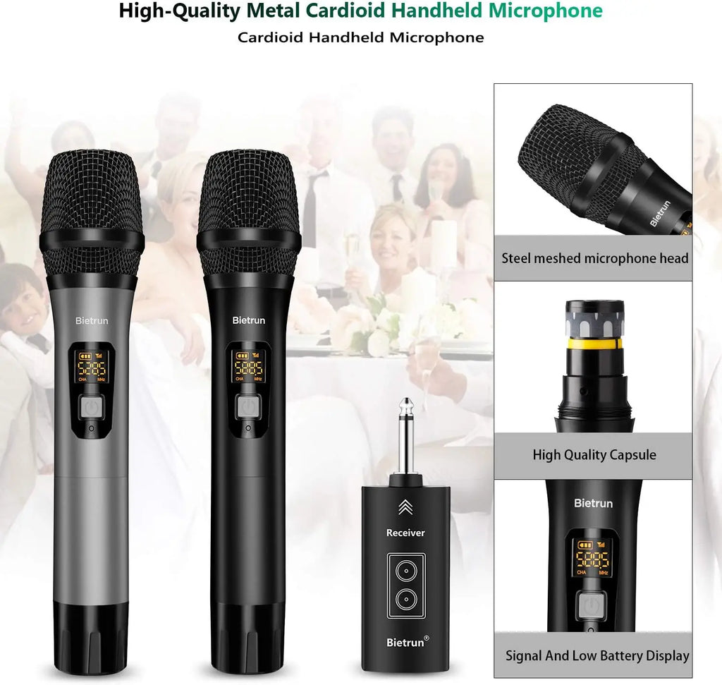 Wireless Microphone with Bluetooth, UHF Dual Handheld Dynamic Metal Mic Set, 160ft Range, Rechargeable Receiver, 1/4' Output