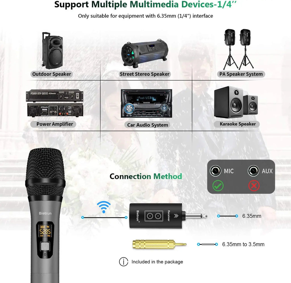 Wireless Microphone with Bluetooth, UHF Dual Handheld Dynamic Metal Mic Set, 160ft Range, Rechargeable Receiver, 1/4' Output