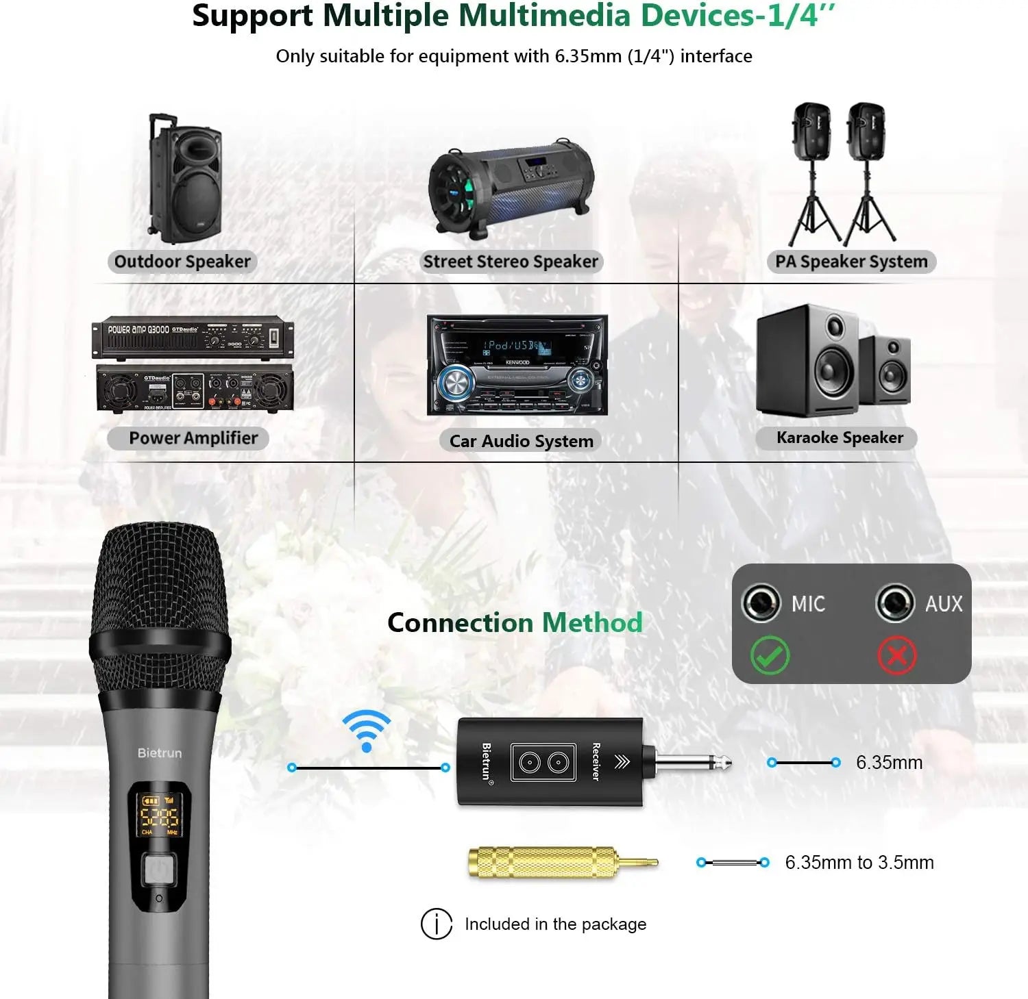Wireless Microphone with Bluetooth, UHF Dual Handheld Dynamic Metal Mic Set, 160ft Range, Rechargeable Receiver, 1/4' Output