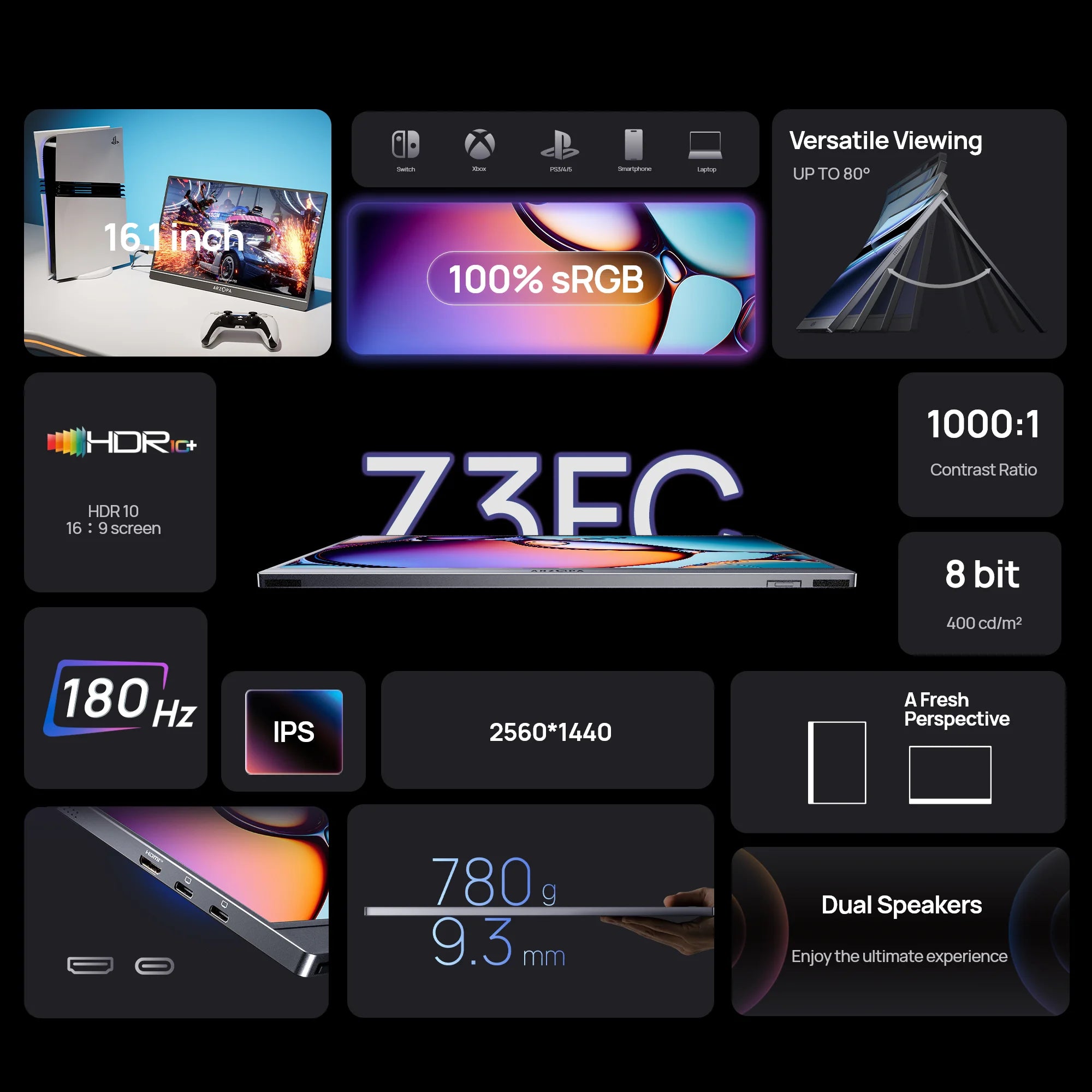 ARZOPA 16.1in 180HZ 2.5K Portable Monitor 107% sRGB HDR IPS External Second Screen for Laptop/PC/PS5/Mac/Xbox Z3FC Gray with Bag