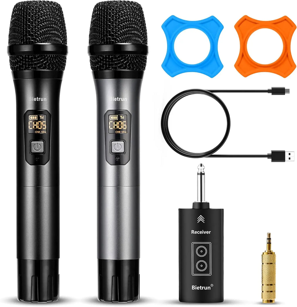 Wireless Microphone with Bluetooth, UHF Dual Handheld Dynamic Metal Mic Set, 160ft Range, Rechargeable Receiver, 1/4' Output