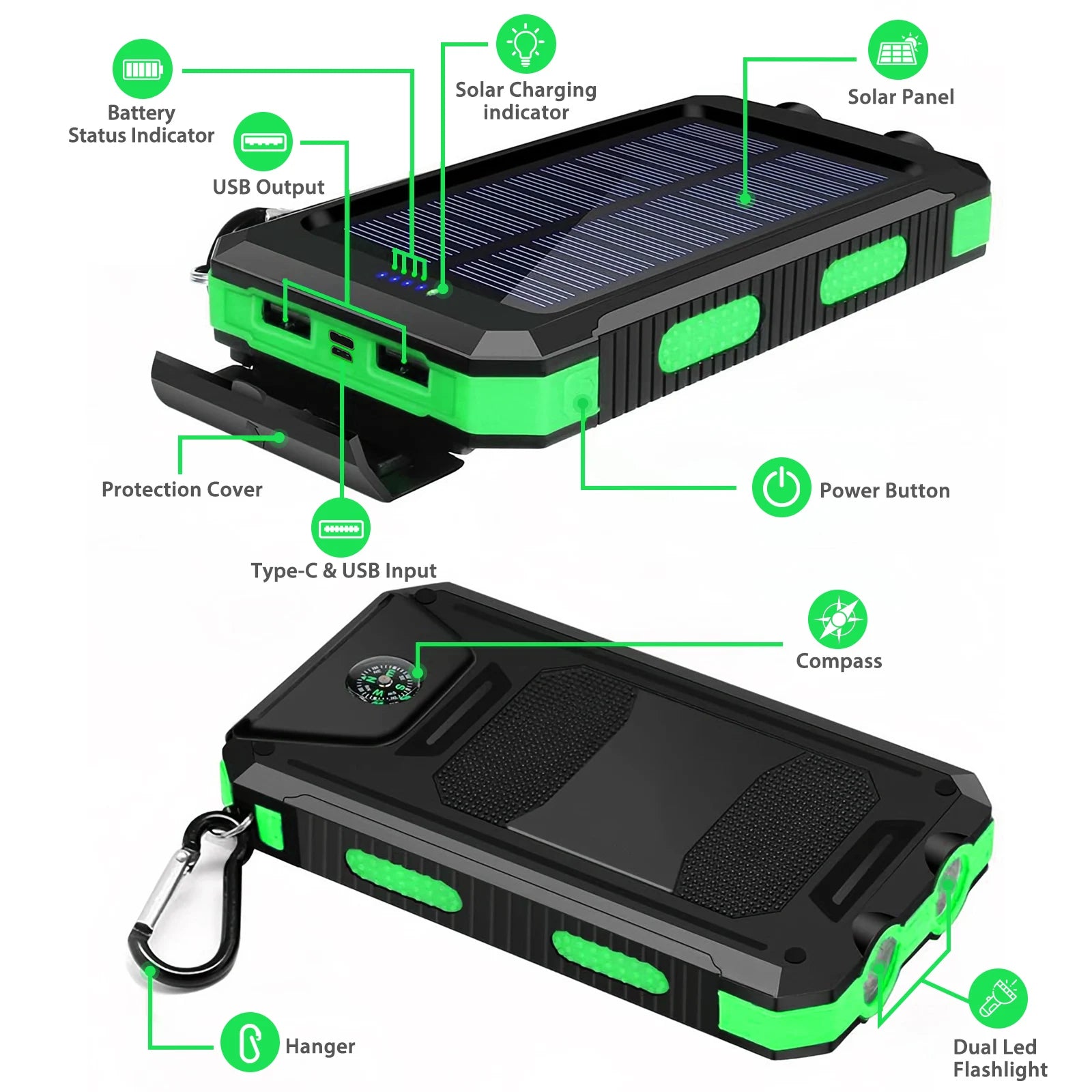 Portable Solar Power Bank With LED Flashlight