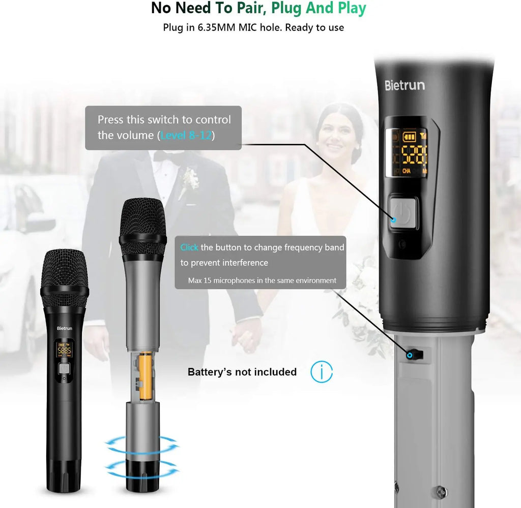 Wireless Microphone with Bluetooth, UHF Dual Handheld Dynamic Metal Mic Set, 160ft Range, Rechargeable Receiver, 1/4' Output