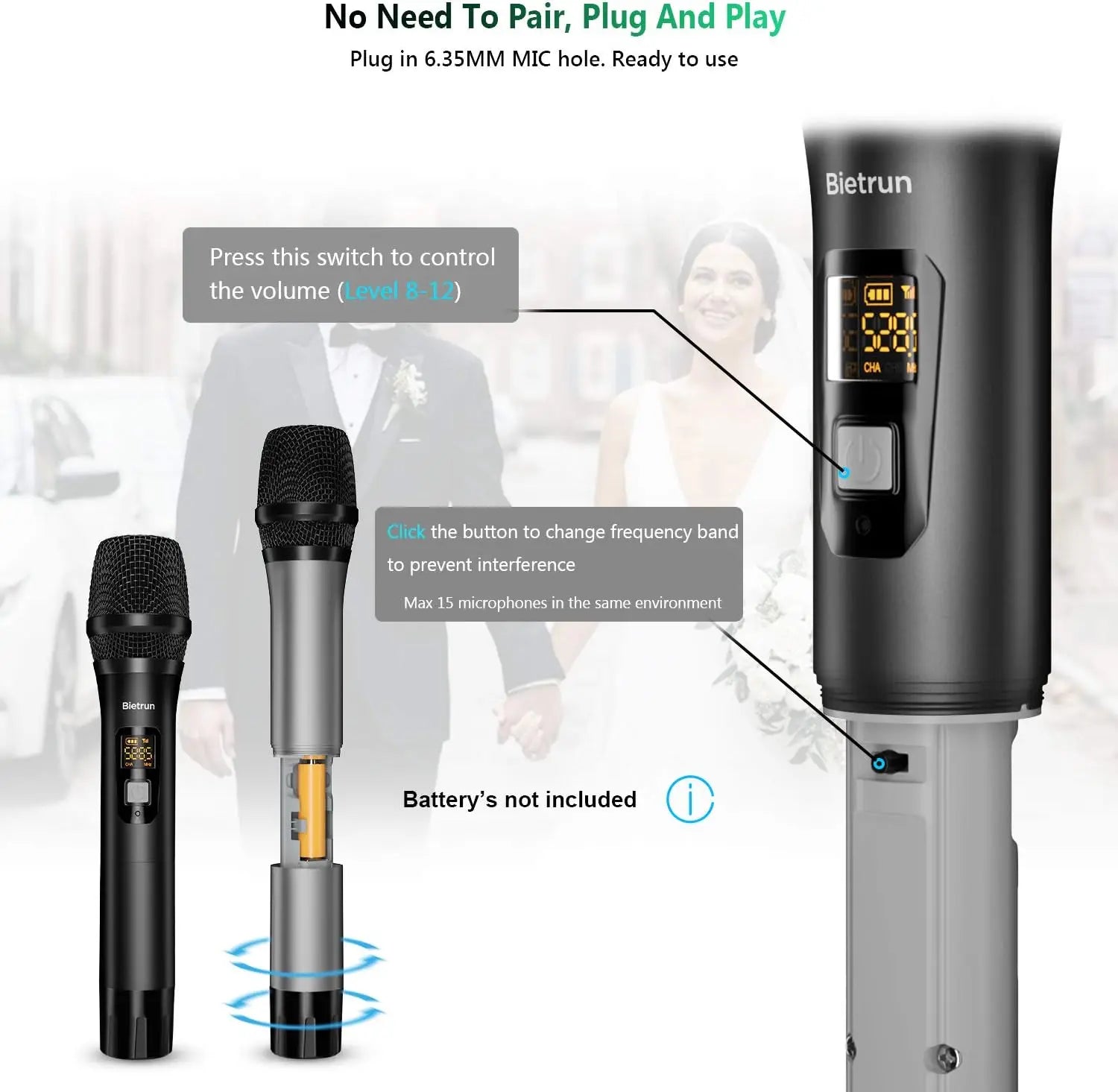Wireless Microphone with Bluetooth, UHF Dual Handheld Dynamic Metal Mic Set, 160ft Range, Rechargeable Receiver, 1/4' Output