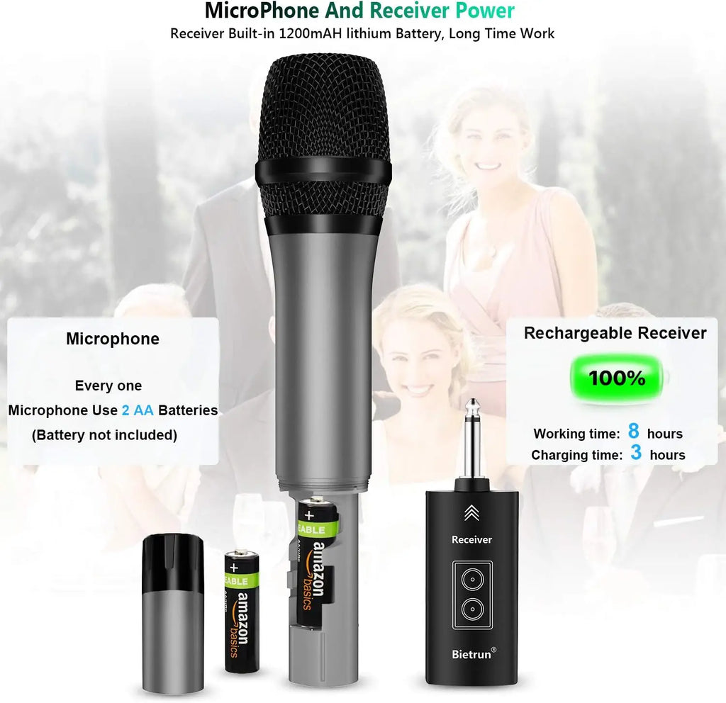 Wireless Microphone with Bluetooth, UHF Dual Handheld Dynamic Metal Mic Set, 160ft Range, Rechargeable Receiver, 1/4' Output