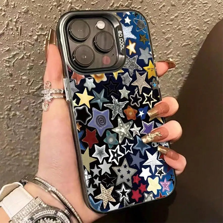 Star Pattern Matte Phone Case, Anti-drop Decorative Phone Protector Cover Compatible with IPhone 16 Pro Max 15 Pro 14Plus 13 12