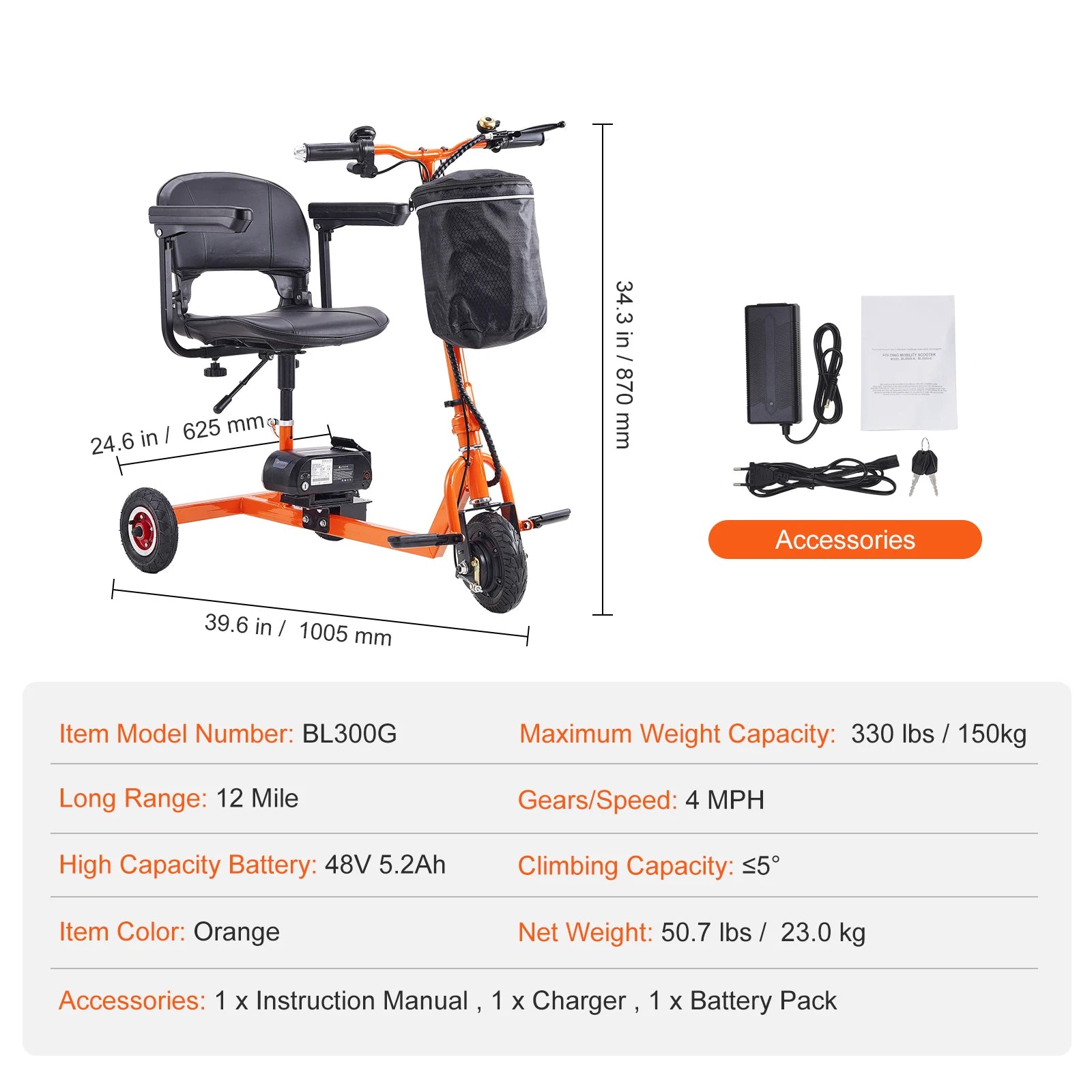 Foldable 3 Wheel Mobility Scooter for Seniors