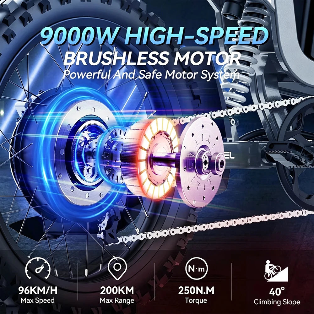 Off-Road Electric bike 9000W motor 72V 40AH Battery Electric Bicycle 124 miles off-road riding E-bike