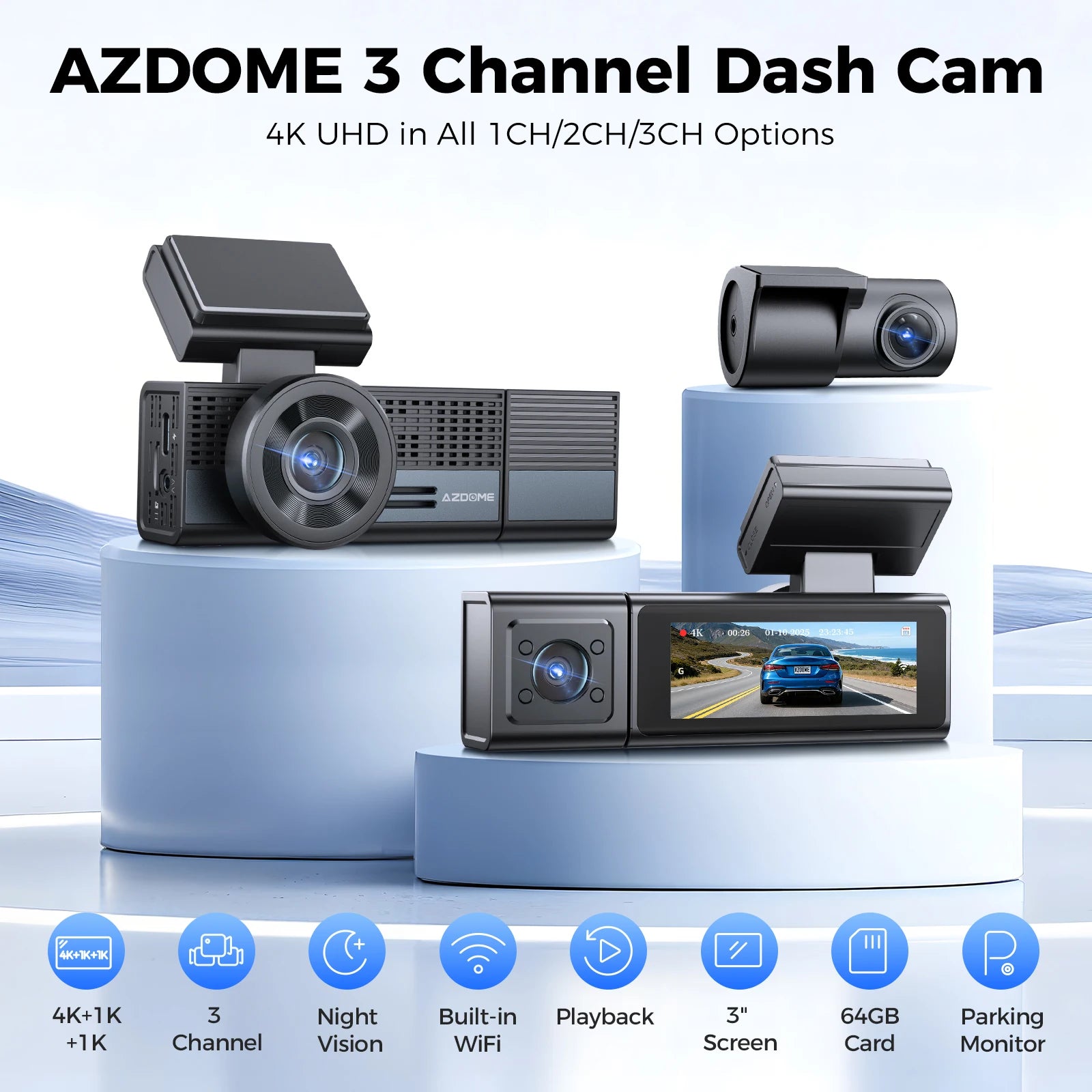 Dash Cam 3-Channel  With Voice Control